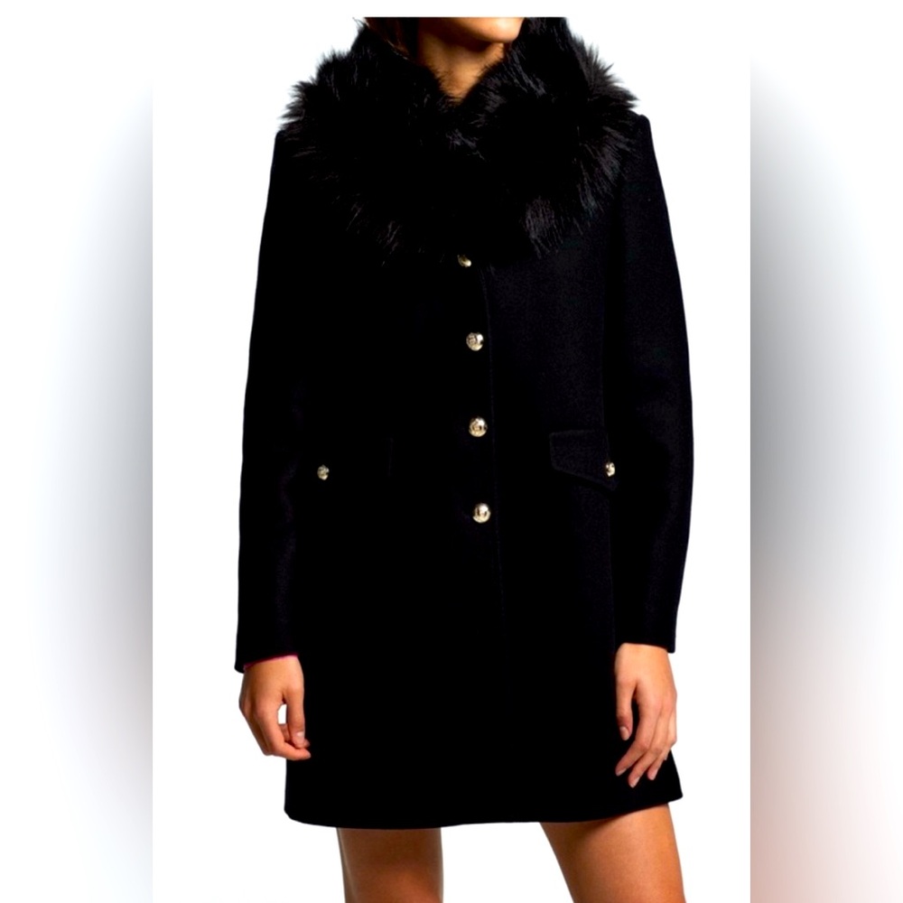 ZARA: MANTECO Black Italian Wool Coat w/ Detachable Faux Fur Collar Gold Buttons